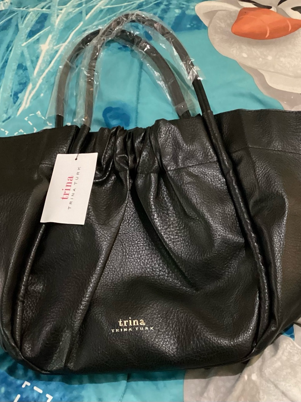 Trina Turk Black Leather Gathered Tote with Gold Logo